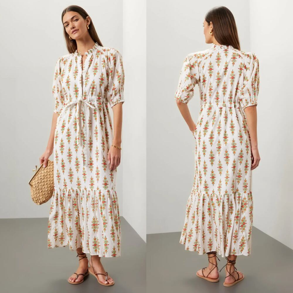 Banjanan Betty Dress Floral Raglan Sleeve Cinched Waist Tiered Maxi White Large